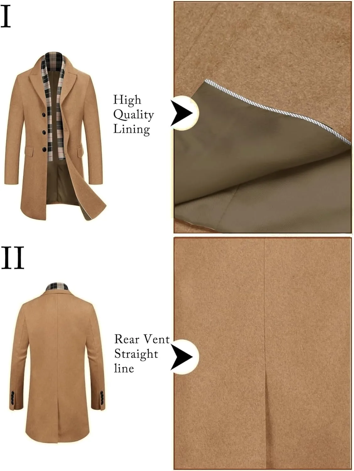 COOFANDY Men's Wool Blend Coat with Detachable Plaid Scarfs Notched Collar Single Breasted Pea Coat Trench Overcoat