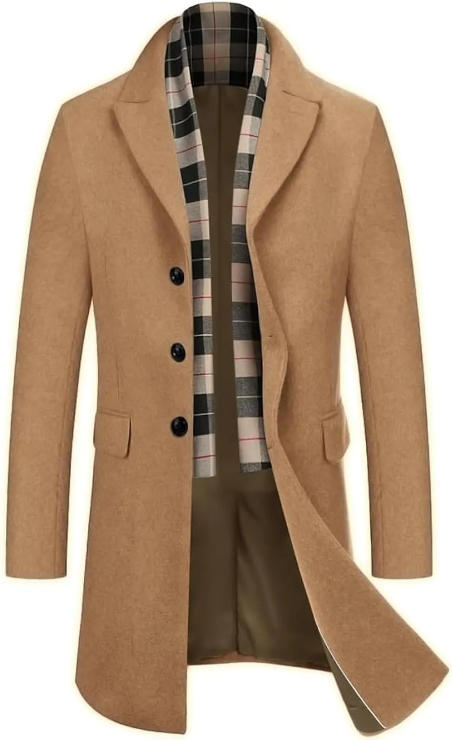 COOFANDY Men's Wool Blend Coat with Detachable Plaid Scarfs Notched Collar Single Breasted Pea Coat Trench Overcoat