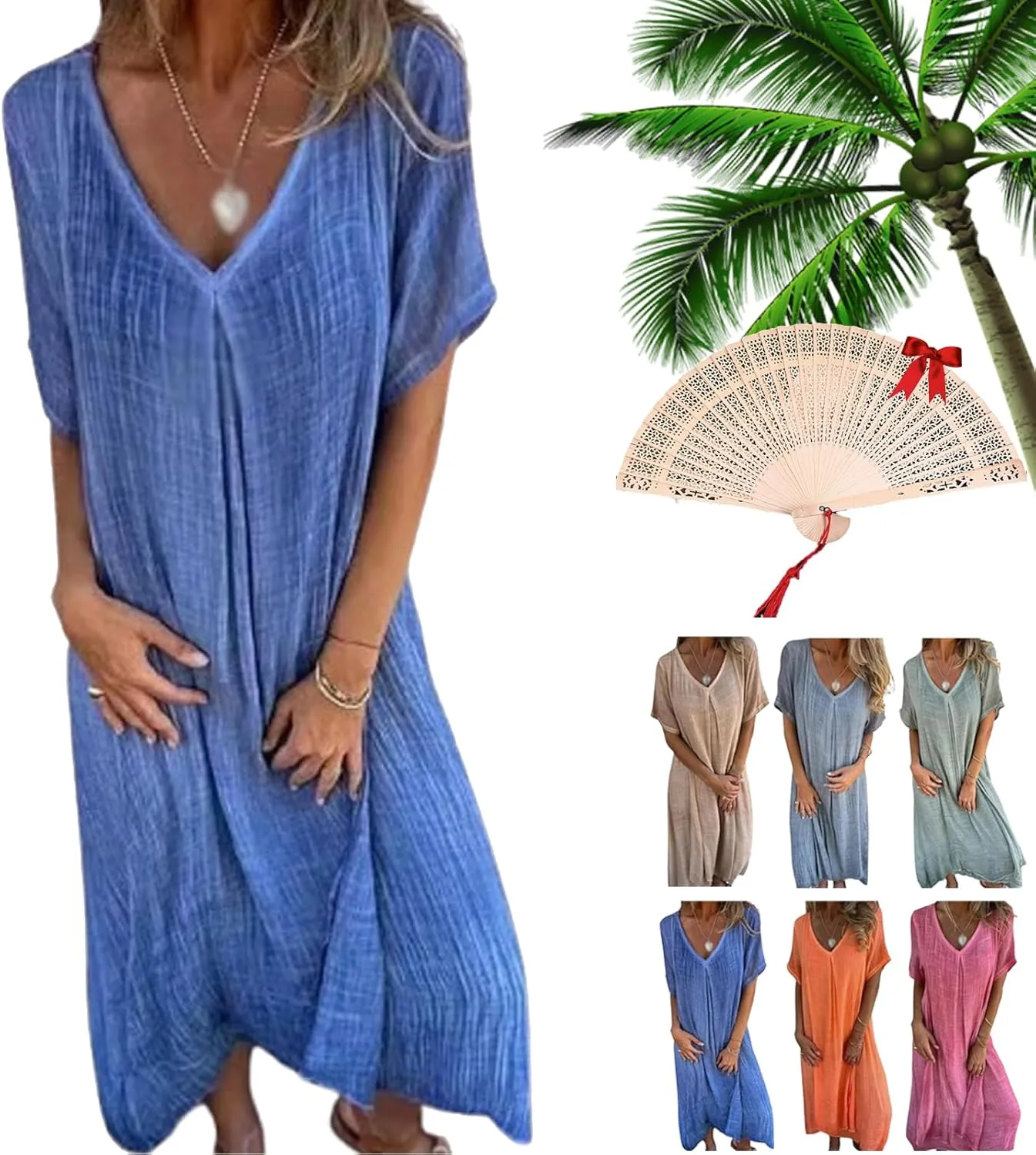 Cotton and Linen V-Neck Midi Dress, Frontaley Dresses, Linen Dresses for Women, Plus Size Cool Comfortable