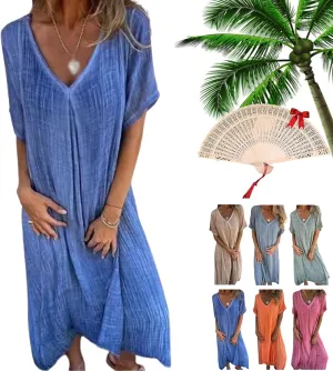 Cotton and Linen V-Neck Midi Dress, Frontaley Dresses, Linen Dresses for Women, Plus Size Cool Comfortable