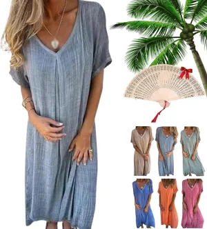 Cotton and Linen V-Neck Midi Dress, Frontaley Dresses, Linen Dresses for Women, Plus Size Cool Comfortable