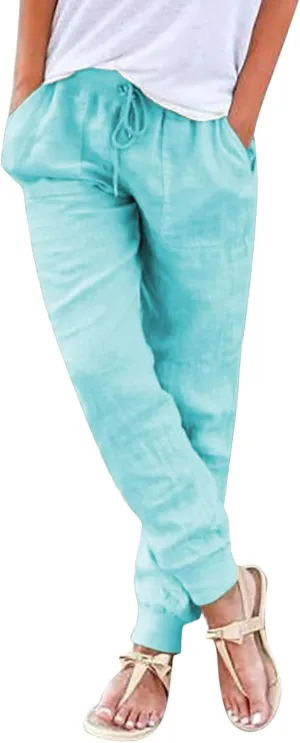 Cotton Linen Casual Summer Capri Pants for Women Cropped Comfy Baggy Trousers with Pockets Palazzo Lounge Pants