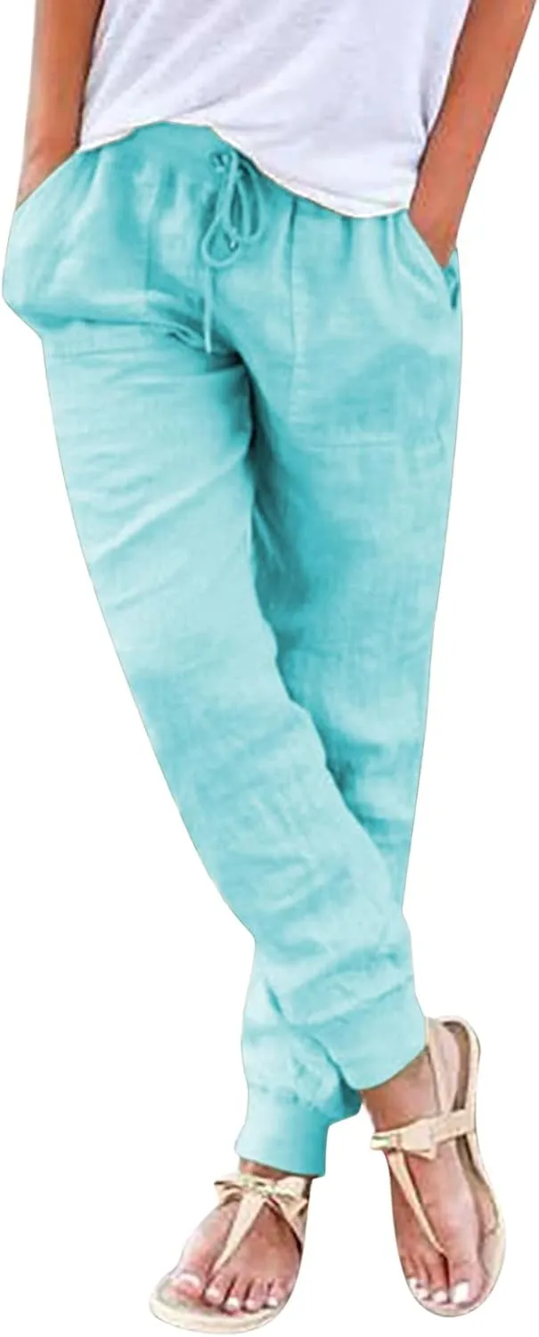 Cotton Linen Casual Summer Capri Pants for Women Cropped Comfy Baggy Trousers with Pockets Palazzo Lounge Pants