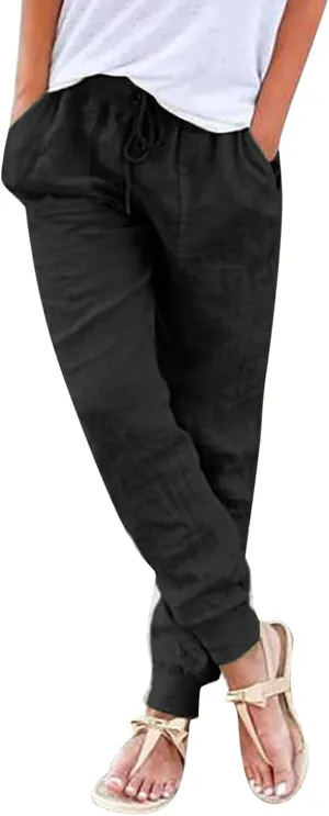 Cotton Linen Summer Pants for Women 2024 Elastic Waist Loose Fit Straight Leg Crop Pants Beach Trousers with Pockets