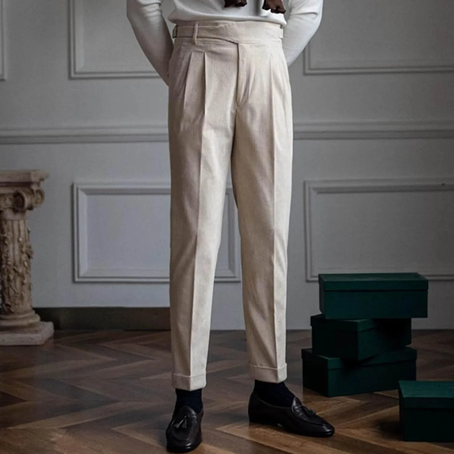 Cotton Straight Leg Dress Pants Men High Waist Business Formal Slim Pleats Comfortable Elegant Tailored Daily Office