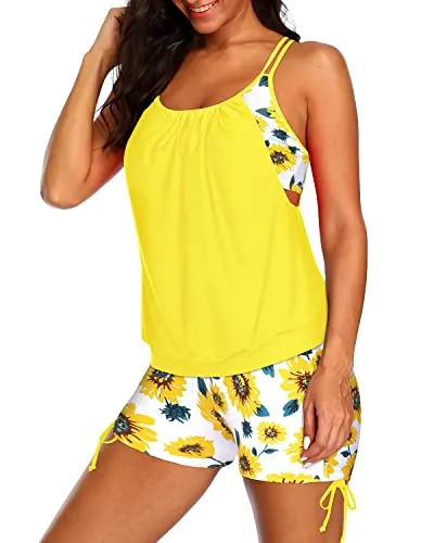 Criss Cross Tankini Swimsuits Two Piece Tummy Control Bathing Suits-Yellow And Sunflower