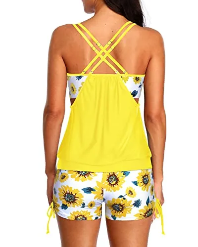 Criss Cross Tankini Swimsuits Two Piece Tummy Control Bathing Suits-Yellow And Sunflower