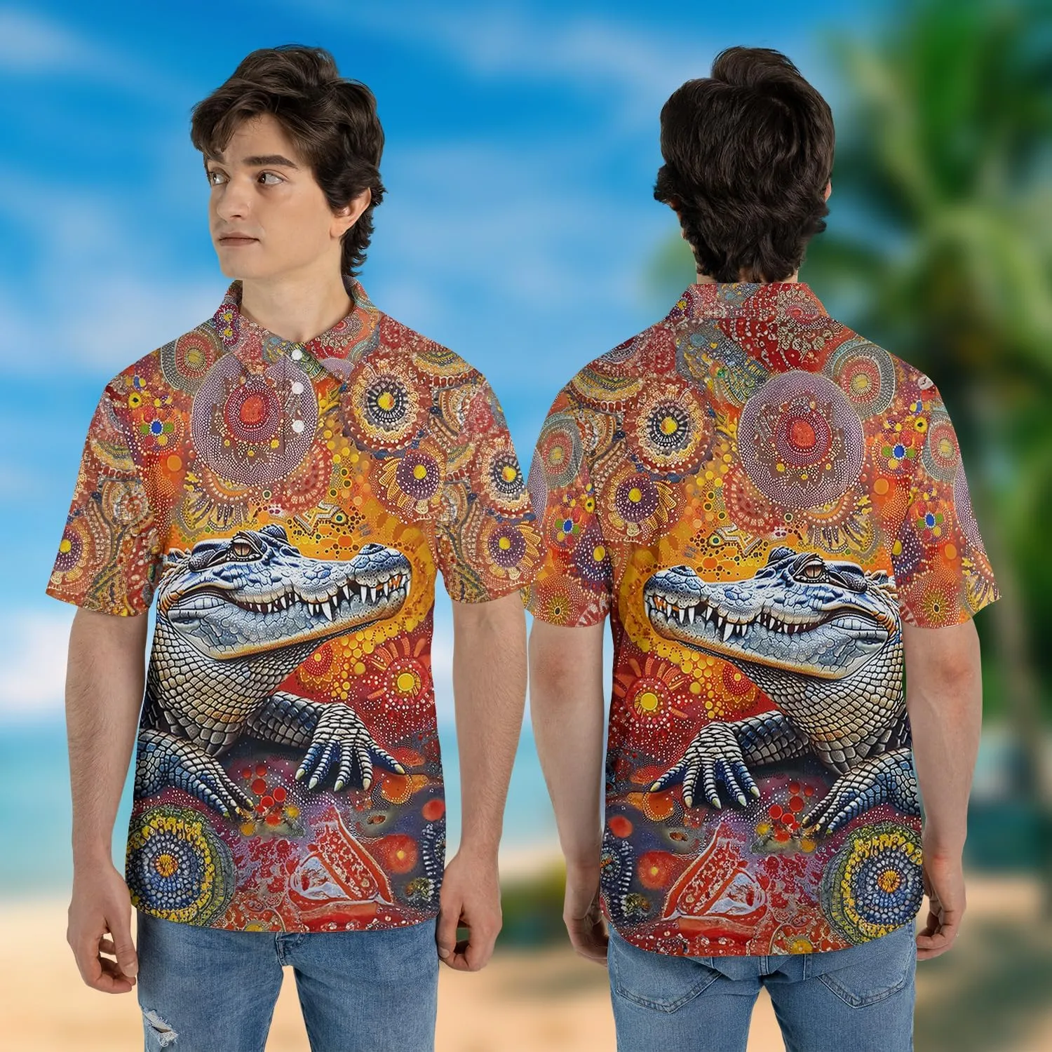 Crocodile Print Polo Shirts for Men - Short Sleeve Golf Shirts Dry Fit Mens Polo T-Shirt Casual Style 04
