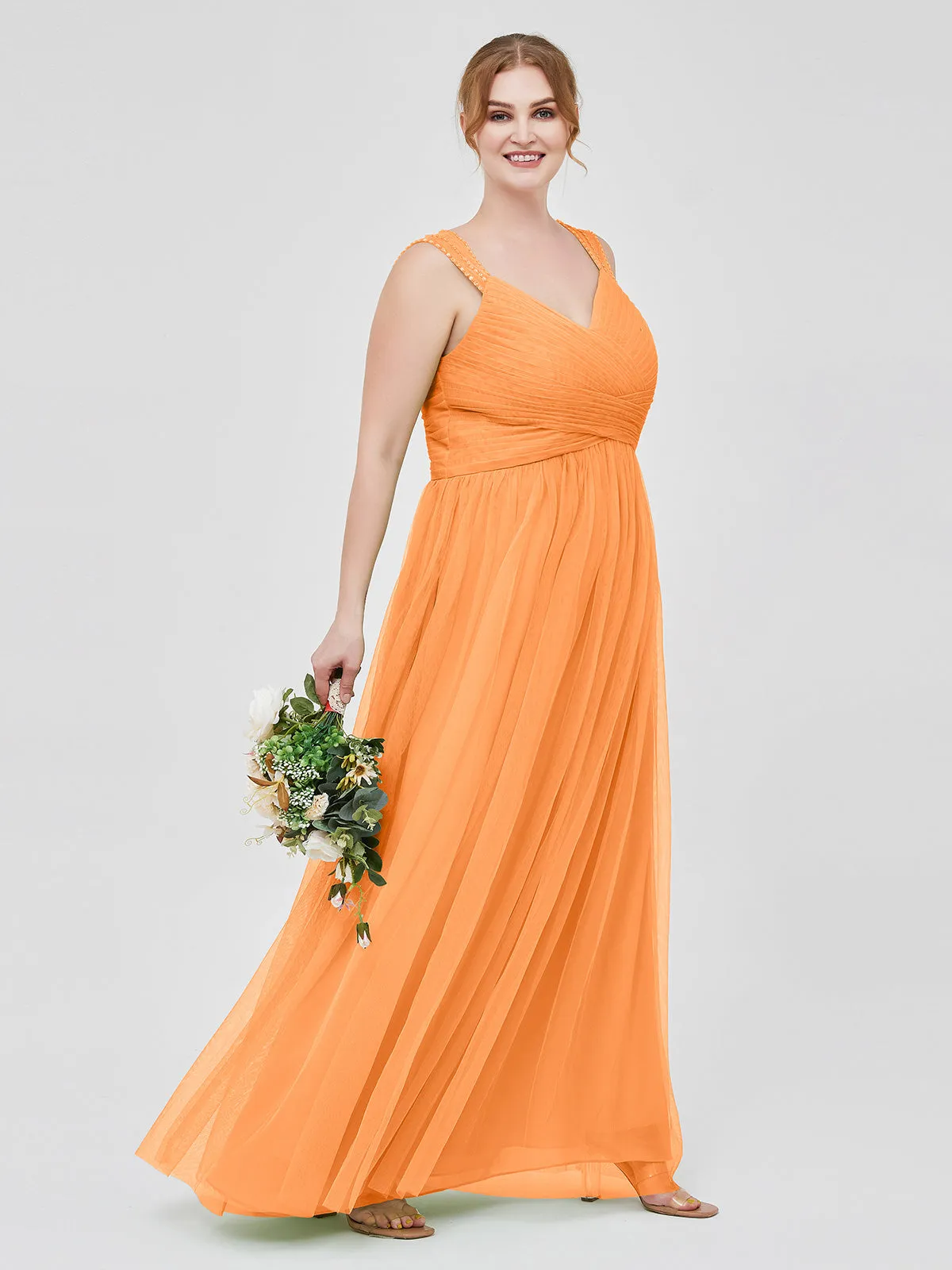 Cross-Pleated Tulle Long Dresses with Beaded Straps Orange Plus Size