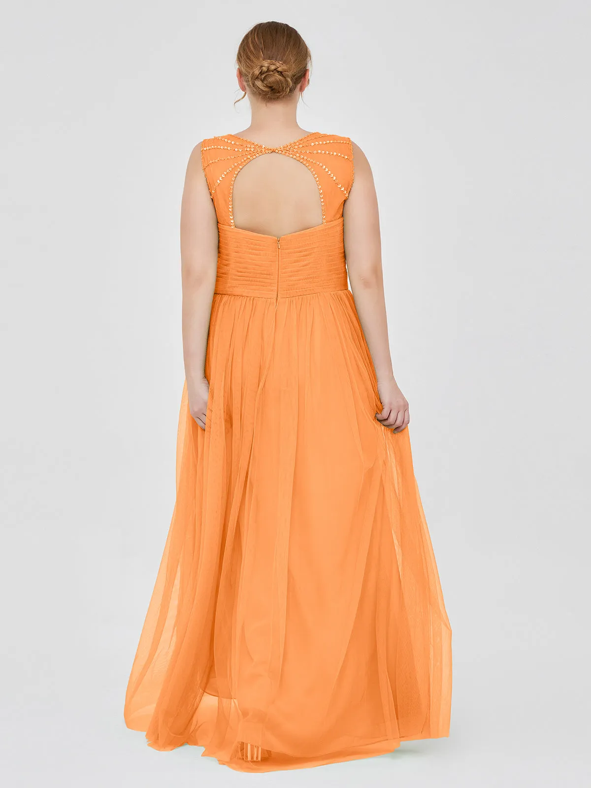 Cross-Pleated Tulle Long Dresses with Beaded Straps Orange Plus Size