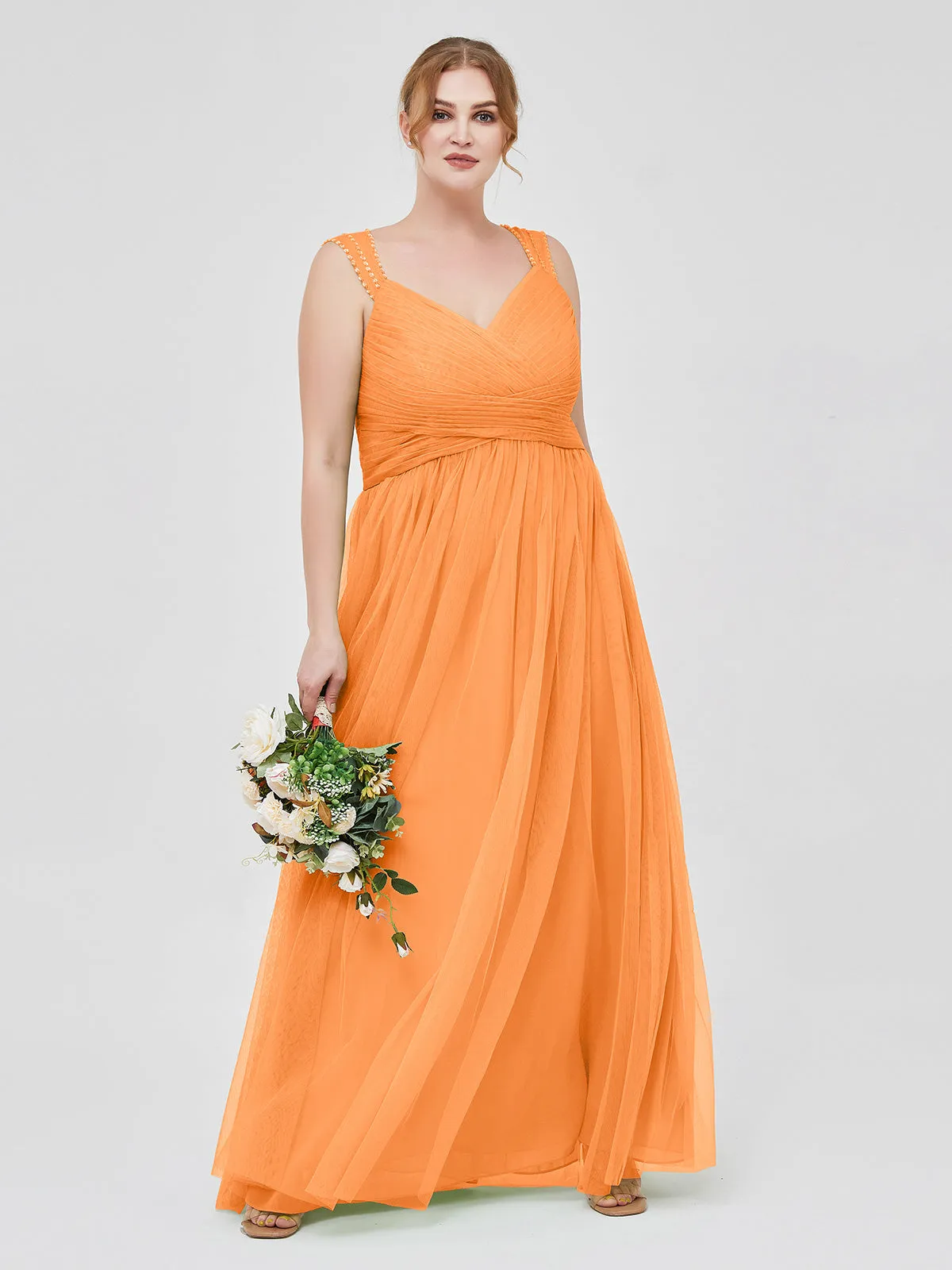 Cross-Pleated Tulle Long Dresses with Beaded Straps Orange Plus Size