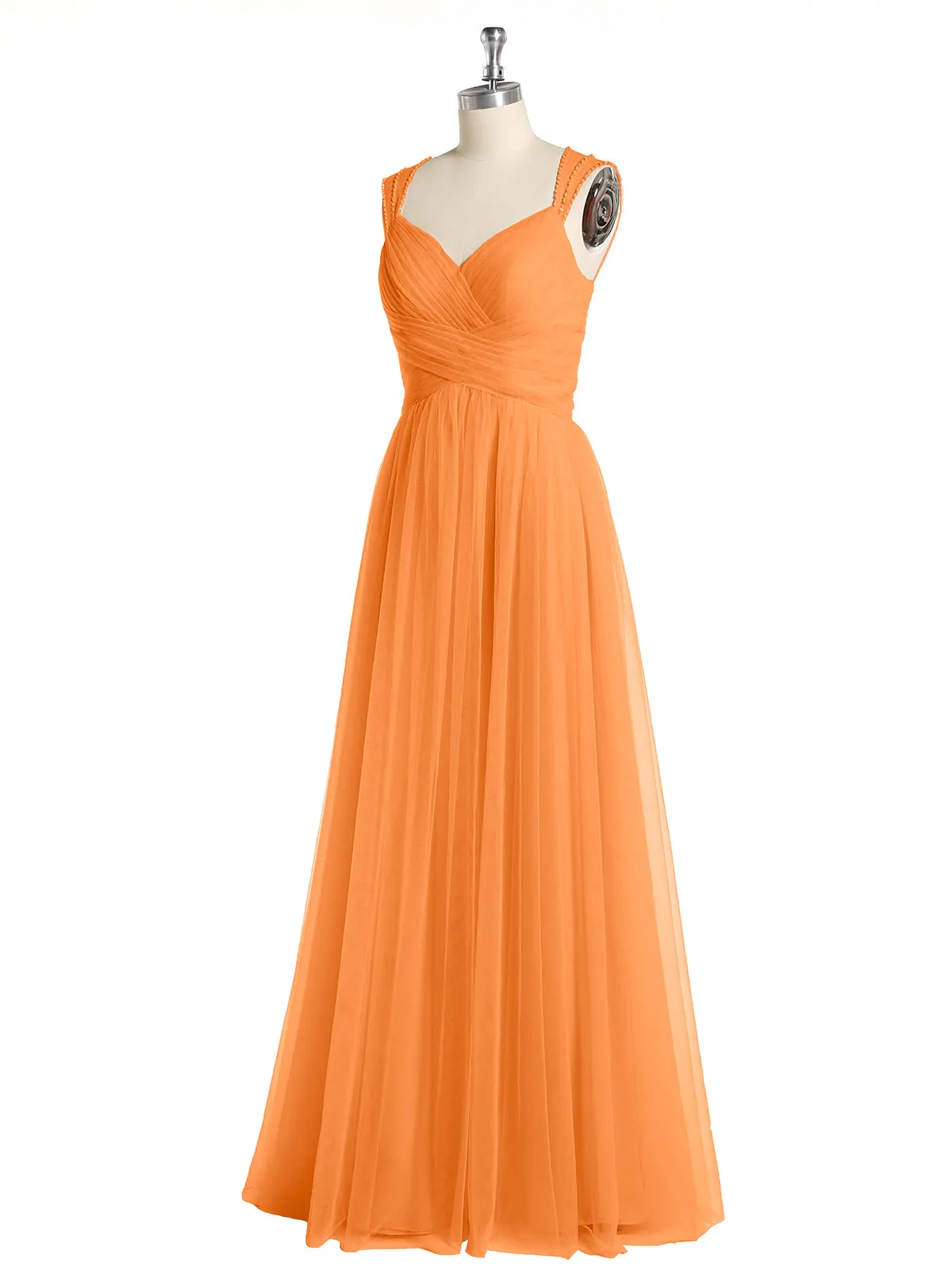 Cross-Pleated Tulle Long Dresses with Beaded Straps Orange Plus Size