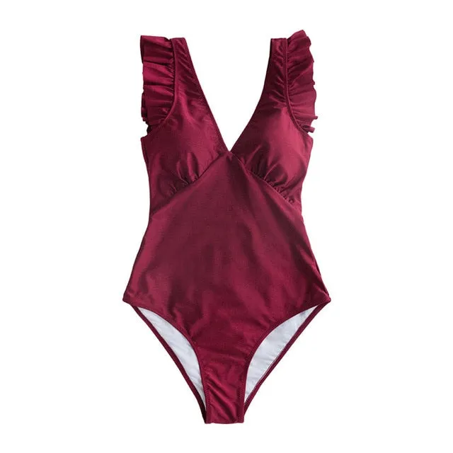 CUPSHE Green Teal Plunging Solid One-Piece Swimsuit Women Ruffle Ruched Monokini 2019 Girl Beach Bathing Suits