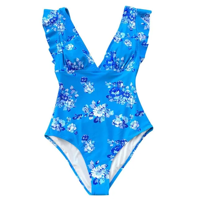 CUPSHE Green Teal Plunging Solid One-Piece Swimsuit Women Ruffle Ruched Monokini 2019 Girl Beach Bathing Suits