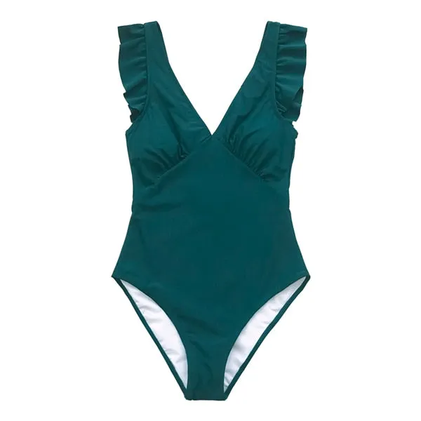 CUPSHE Green Teal Plunging Solid One-Piece Swimsuit Women Ruffle Ruched Monokini 2019 Girl Beach Bathing Suits