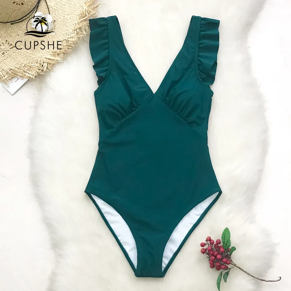 CUPSHE Green Teal Plunging Solid One-Piece Swimsuit Women Ruffle Ruched Monokini 2019 Girl Beach Bathing Suits