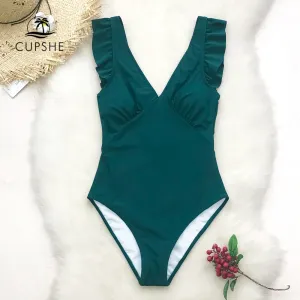 CUPSHE Green Teal Plunging Solid One-Piece Swimsuit Women Ruffle Ruched Monokini 2019 Girl Beach Bathing Suits
