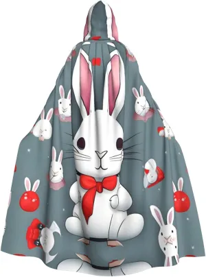Cute White Rabbit Prints Hooded Cloak for Halloween, Role-playing, and Costume Parties - Comfortable and Durable