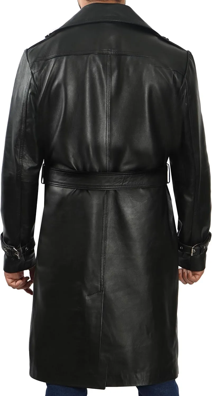Decrum Mens Leather Coats - Real Lambskin Black Trench Coat Style Leather Jackets For Men