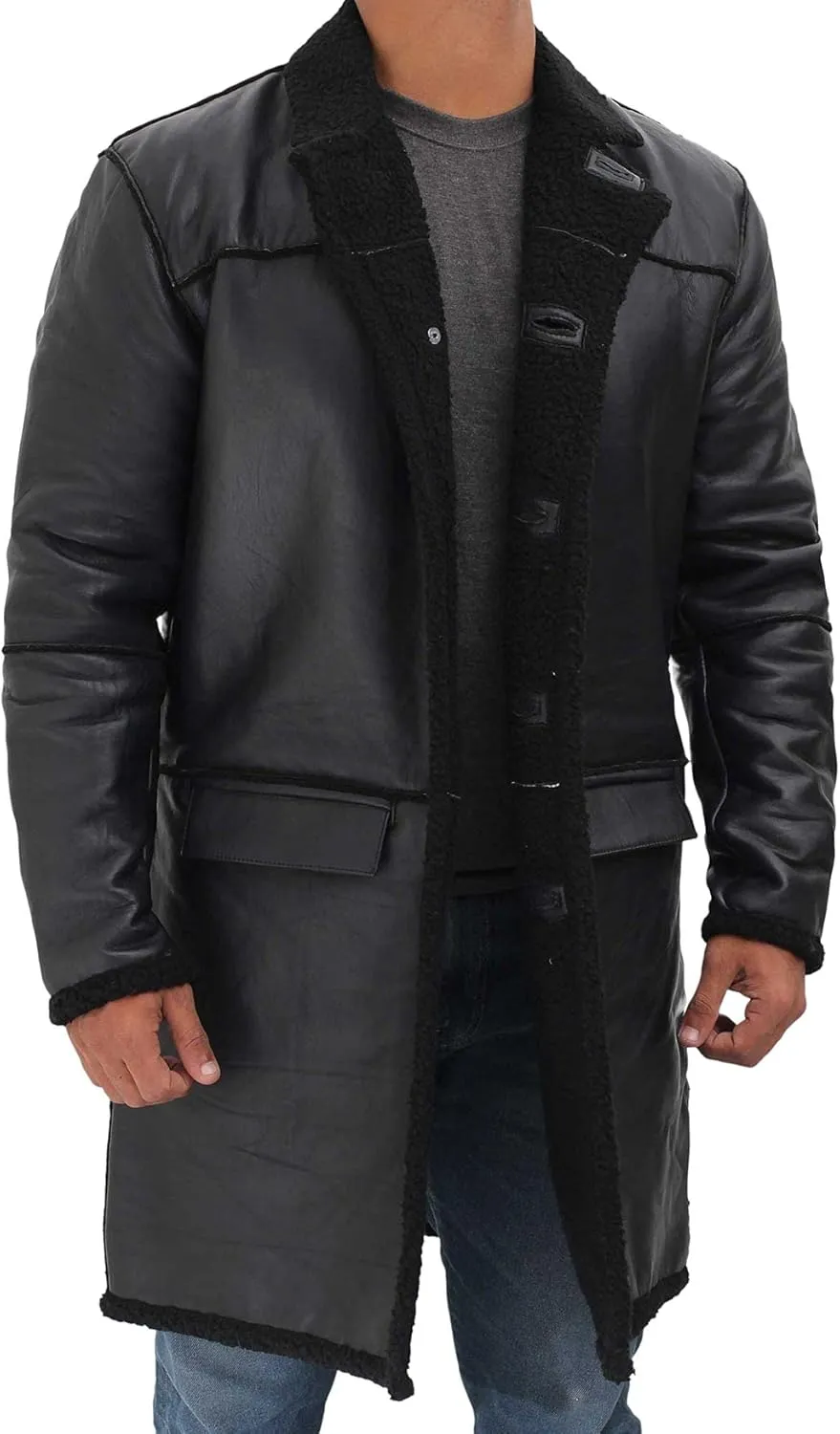 Decrum Mens Leather Coats - Real Lambskin Black Trench Coat Style Leather Jackets For Men