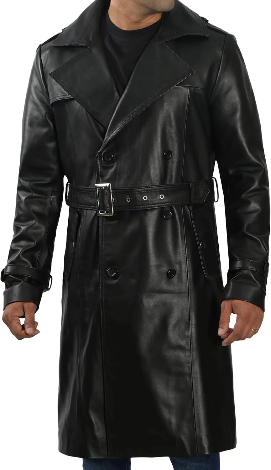 Decrum Mens Leather Coats - Real Lambskin Black Trench Coat Style Leather Jackets For Men
