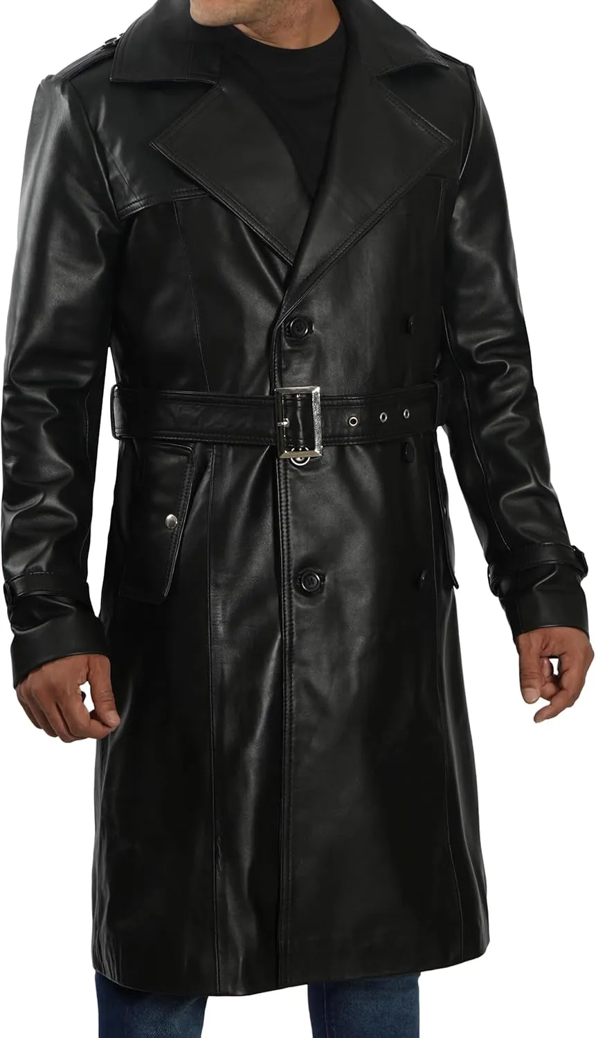 Decrum Mens Leather Coats - Real Lambskin Black Trench Coat Style Leather Jackets For Men