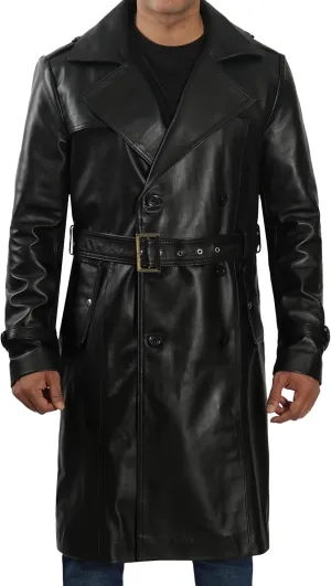 Decrum Mens Leather Coats - Real Lambskin Black Trench Coat Style Leather Jackets For Men