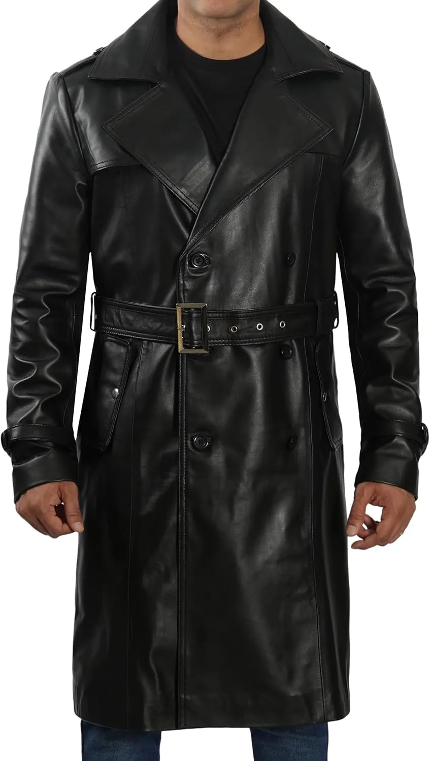 Decrum Mens Leather Coats - Real Lambskin Black Trench Coat Style Leather Jackets For Men