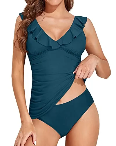 Deep V Neck Mid Waisted Bikini Bottom Full Coverage Tankini Swimsuits-Teal