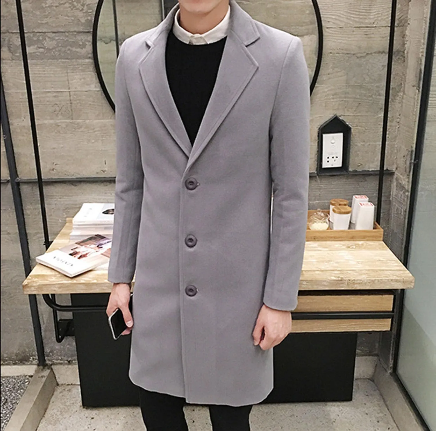 DGHM-JLMY Men's Trench Coat Single Breasted Mid Long Jackets Winter Thicken Pea Coat Notch Lapel Casual Overcoat