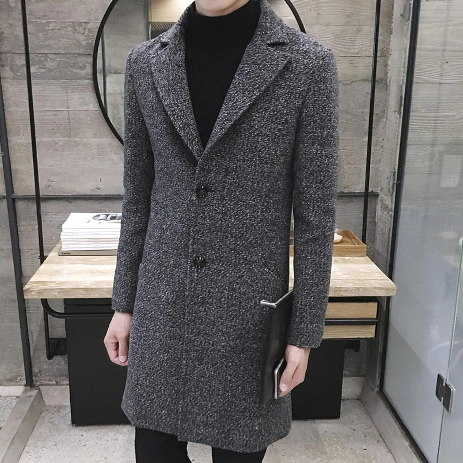 DGHM-JLMY Men's Trench Coat Single Breasted Mid Long Jackets Winter Thicken Pea Coat Notch Lapel Casual Overcoat