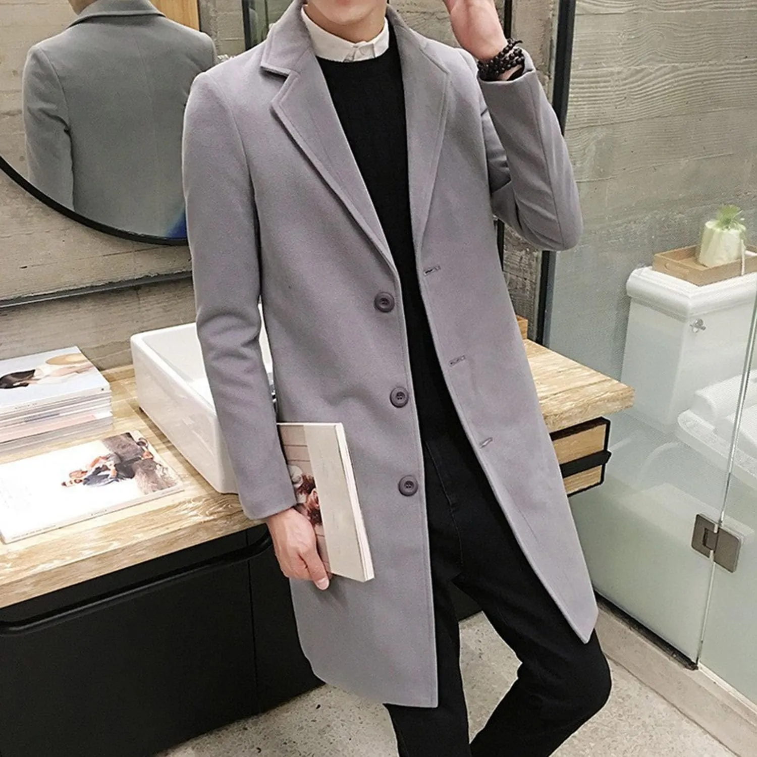 DGHM-JLMY Men's Trench Coat Single Breasted Mid Long Jackets Winter Thicken Pea Coat Notch Lapel Casual Overcoat