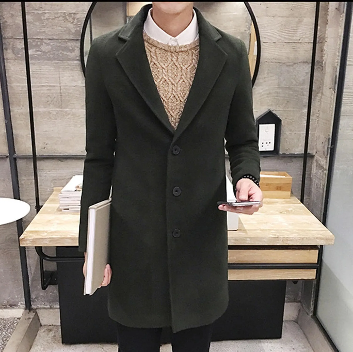 DGHM-JLMY Men's Trench Coat Single Breasted Mid Long Jackets Winter Thicken Pea Coat Notch Lapel Casual Overcoat