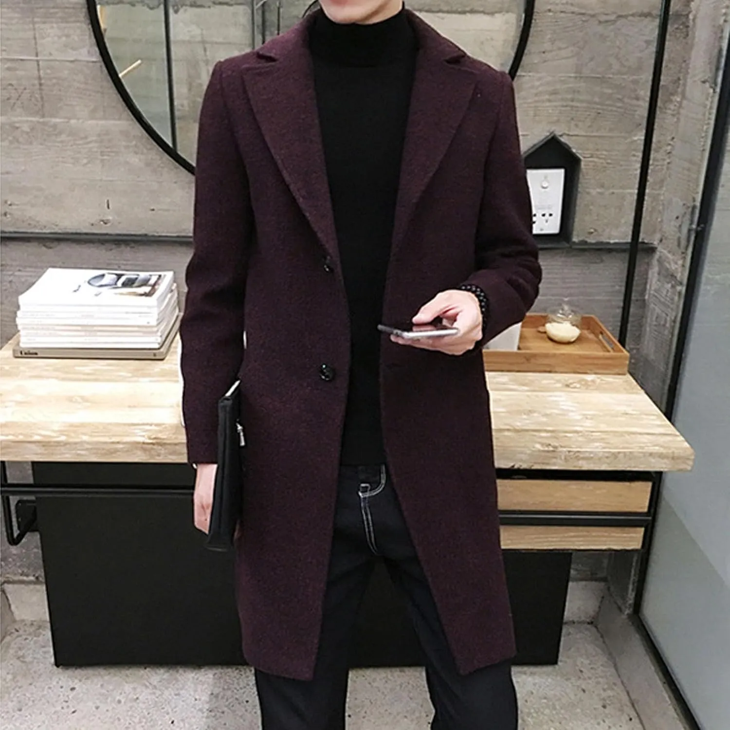 DGHM-JLMY Men's Trench Coat Single Breasted Mid Long Jackets Winter Thicken Pea Coat Notch Lapel Casual Overcoat