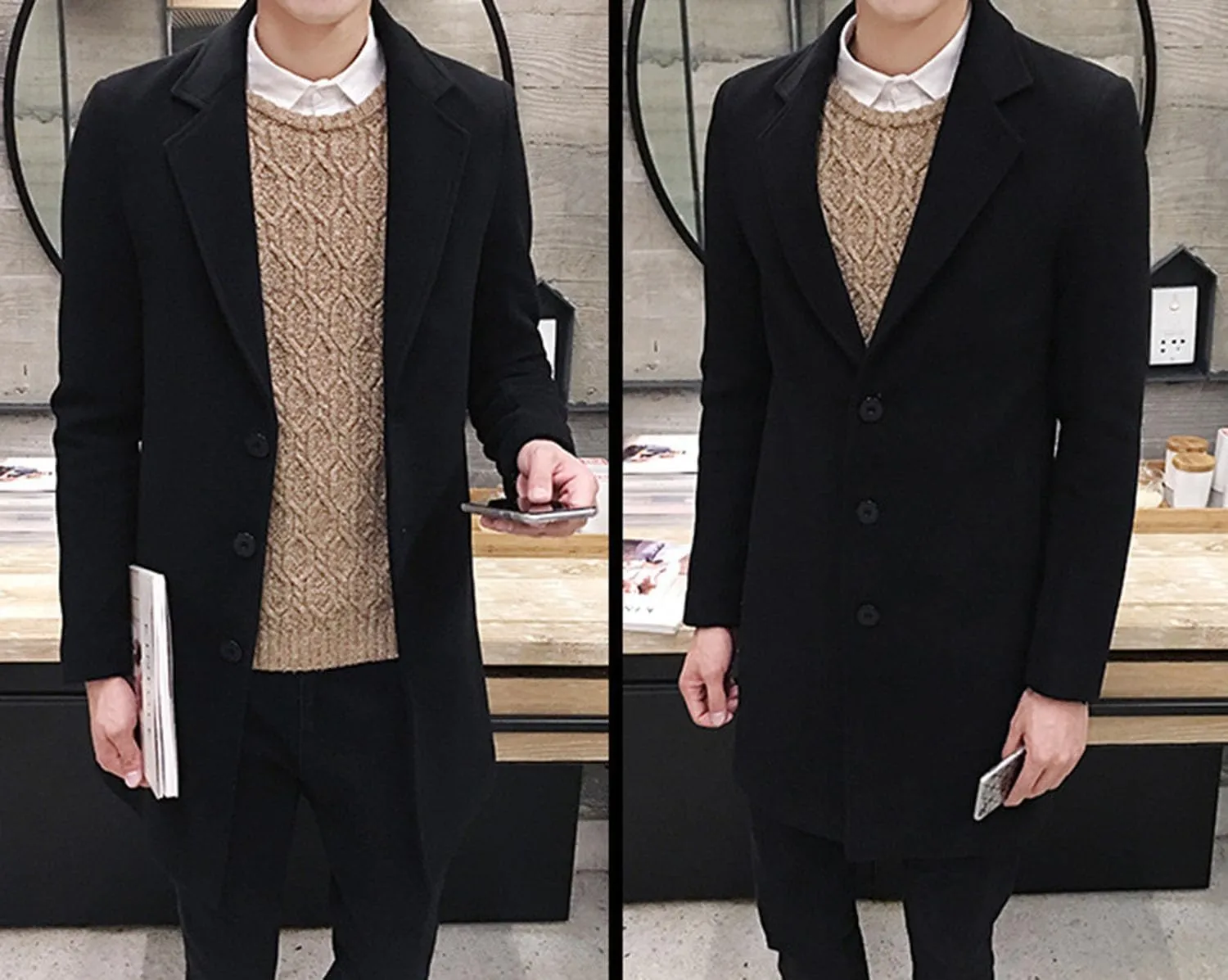 DGHM-JLMY Men's Trench Coat Single Breasted Mid Long Jackets Winter Thicken Pea Coat Notch Lapel Casual Overcoat