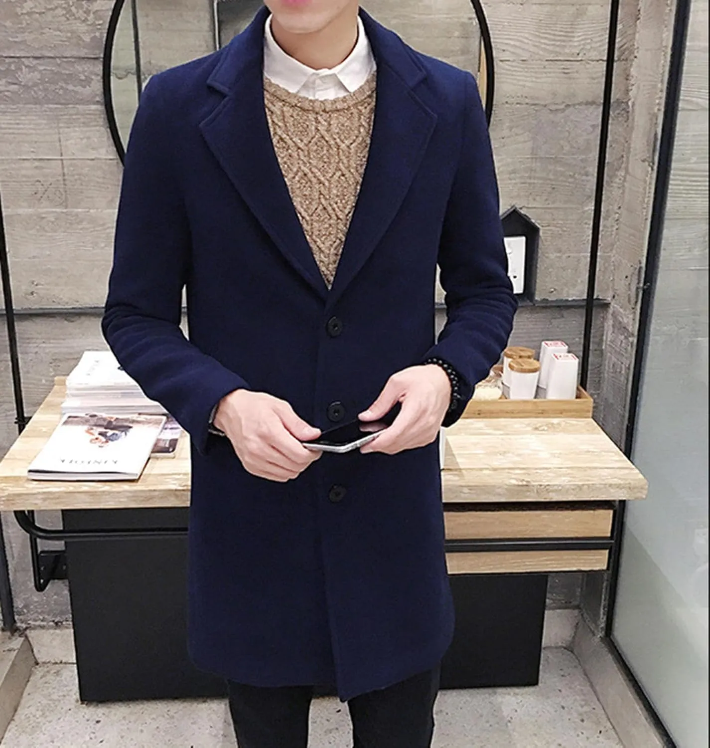 DGHM-JLMY Men's Trench Coat Single Breasted Mid Long Jackets Winter Thicken Pea Coat Notch Lapel Casual Overcoat