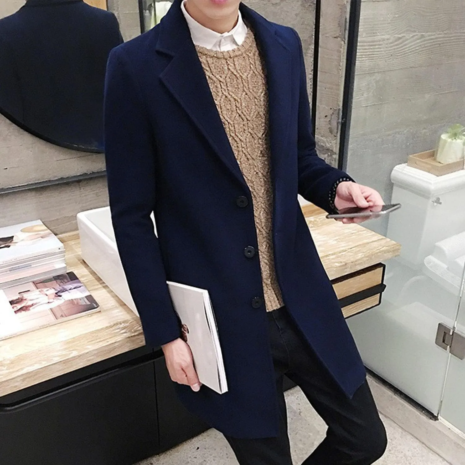 DGHM-JLMY Men's Trench Coat Single Breasted Mid Long Jackets Winter Thicken Pea Coat Notch Lapel Casual Overcoat