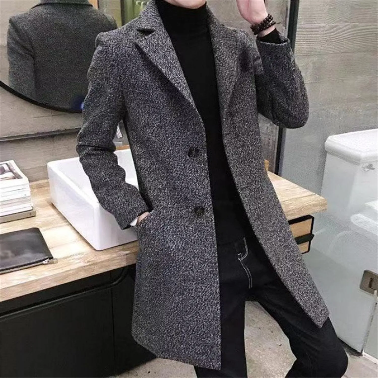 DGHM-JLMY Men's Trench Coat Single Breasted Mid Long Jackets Winter Thicken Pea Coat Notch Lapel Casual Overcoat