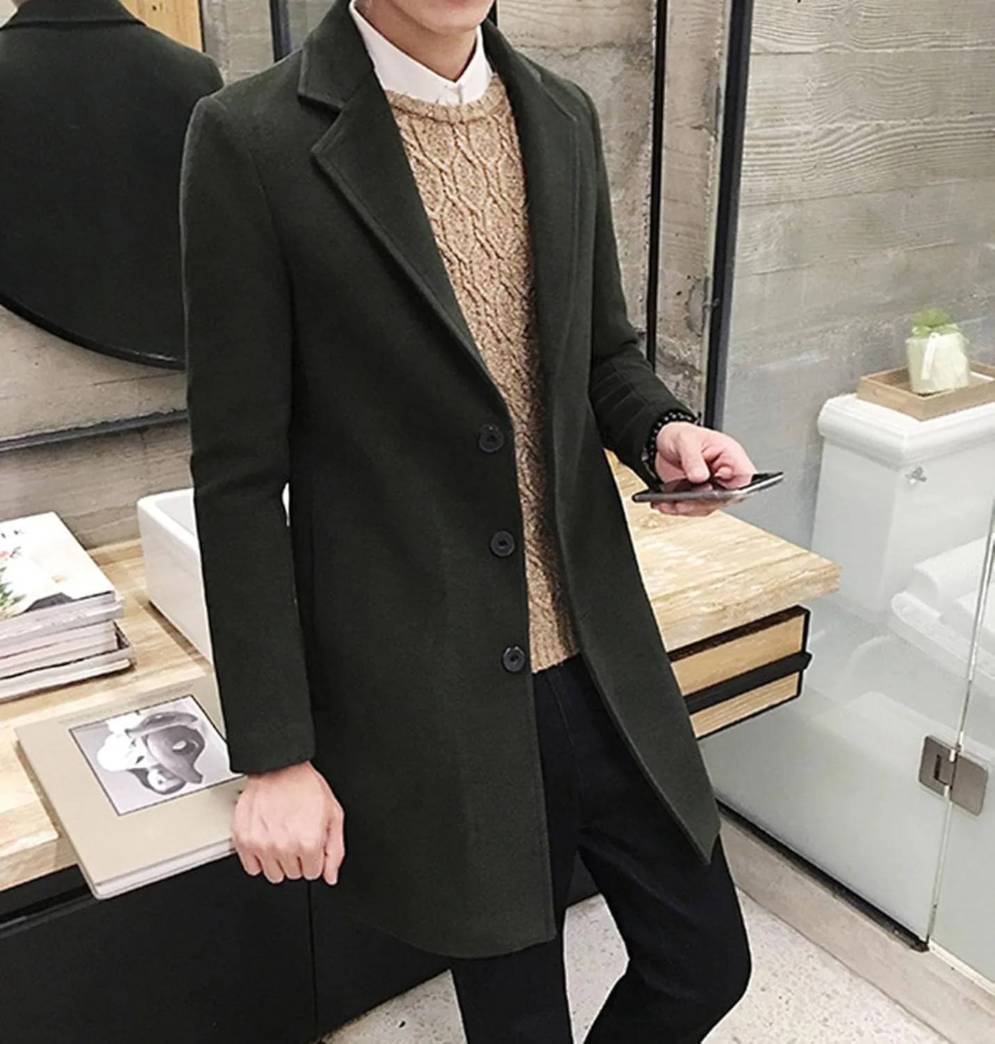 DGHM-JLMY Men's Trench Coat Single Breasted Mid Long Jackets Winter Thicken Pea Coat Notch Lapel Casual Overcoat