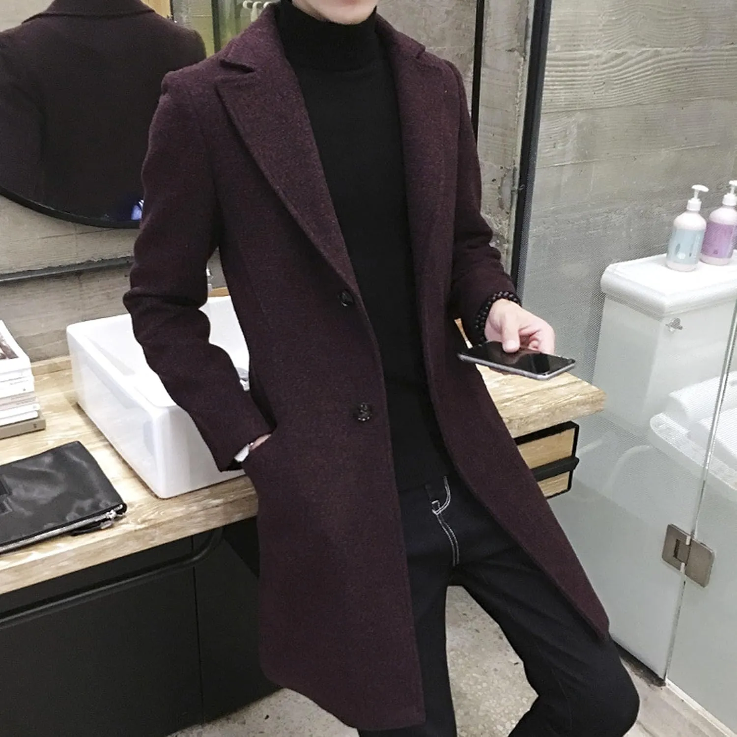 DGHM-JLMY Men's Trench Coat Single Breasted Mid Long Jackets Winter Thicken Pea Coat Notch Lapel Casual Overcoat