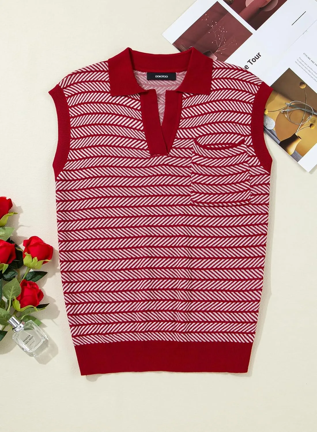 Dokotoo Women's Summer Short Cap Sleeve Sweaters Tops Casual Striped Color Block V Neck Polo Knit Shirts Blouses