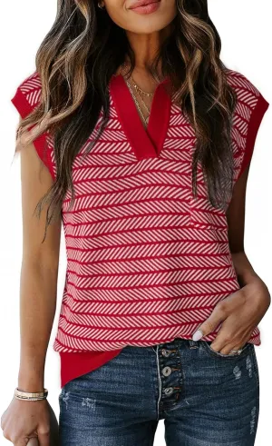 Dokotoo Women's Summer Short Cap Sleeve Sweaters Tops Casual Striped Color Block V Neck Polo Knit Shirts Blouses