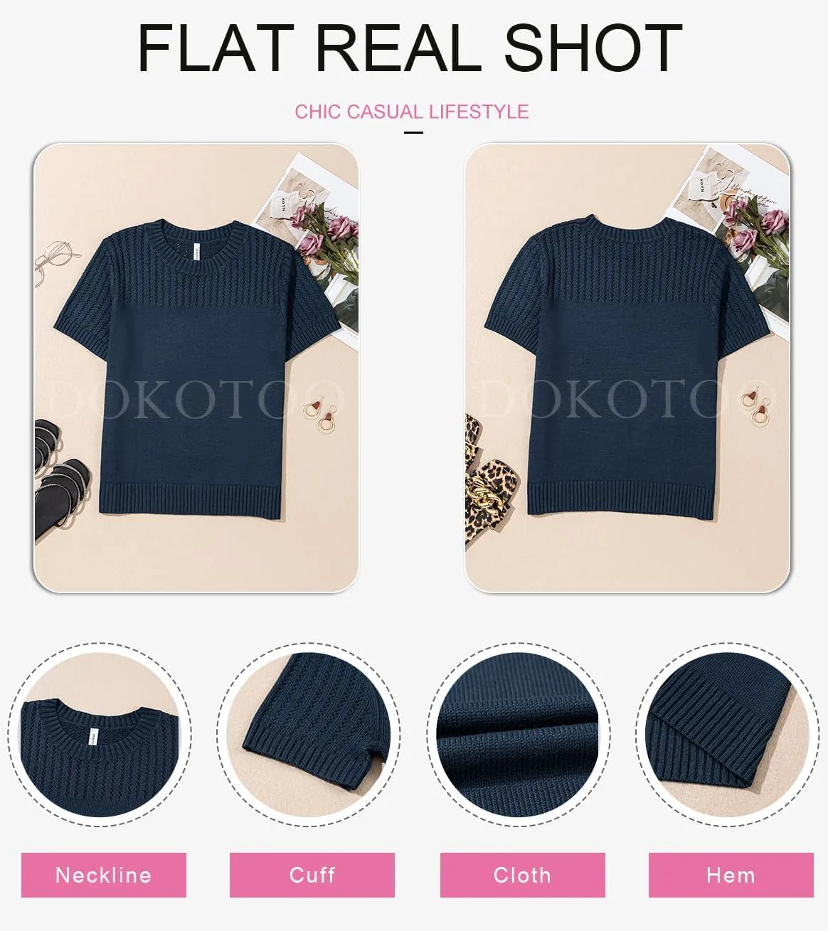 Dokotoo Womens Summer Tops Dressy Casual Crewneck Short Sleeve Shirts Solid Hollow Out Knit Loose Sweater Blouses