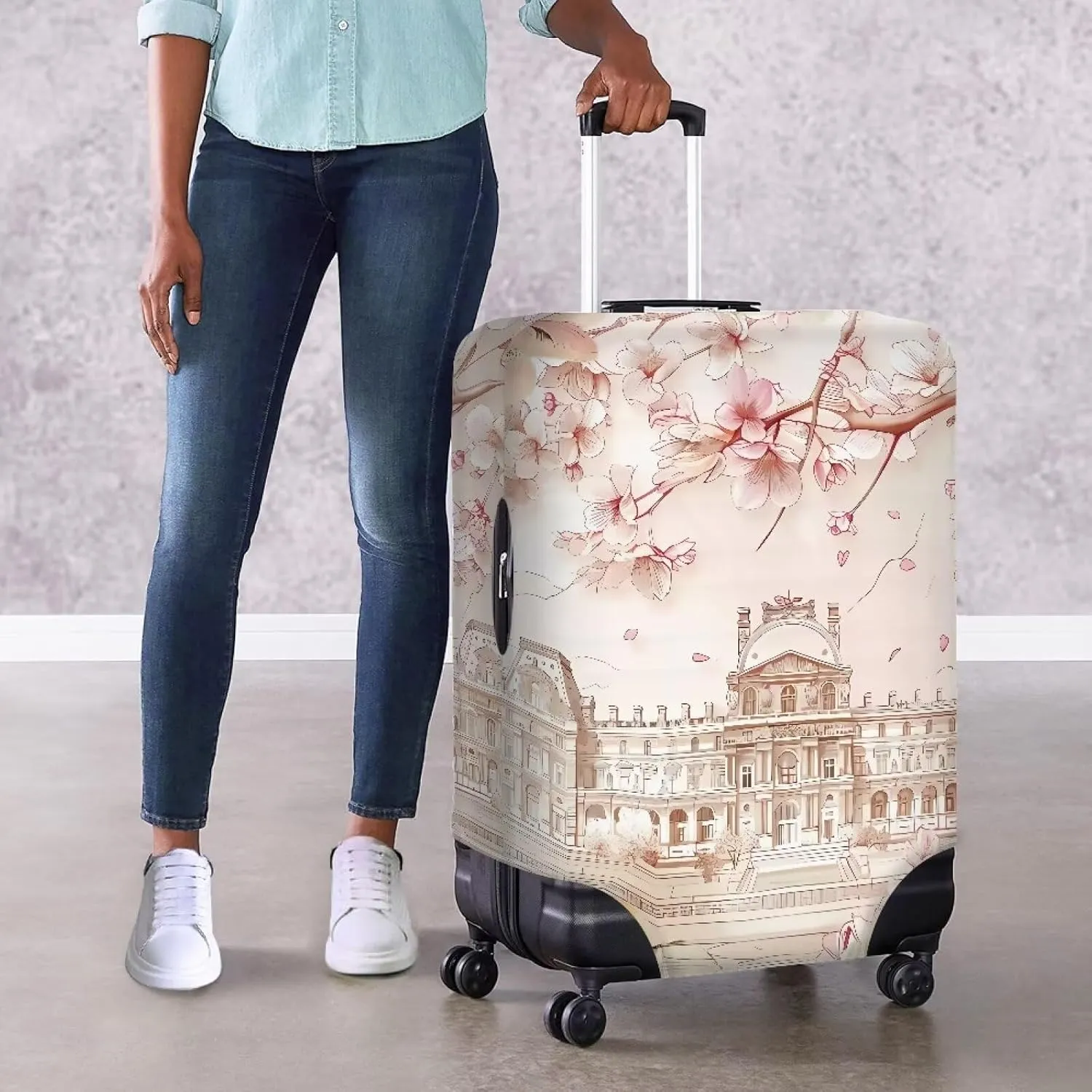 Doojoayie Cherry Blossoms Luggage Cover Soft Fabric Suitcase Protector Washable Baggage Covers Fits 18-32 Inch Luggage
