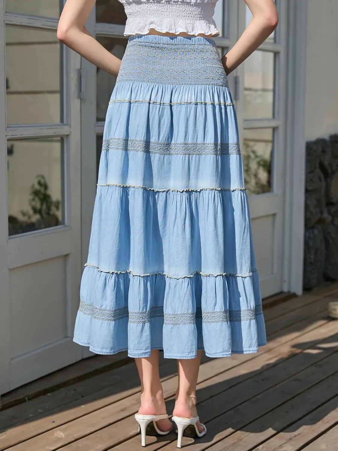DREFBUFY Maxi Skirt Womens High Waist Pleated Tiered Long Skirts Denim Casual Style Midi Dress for Women