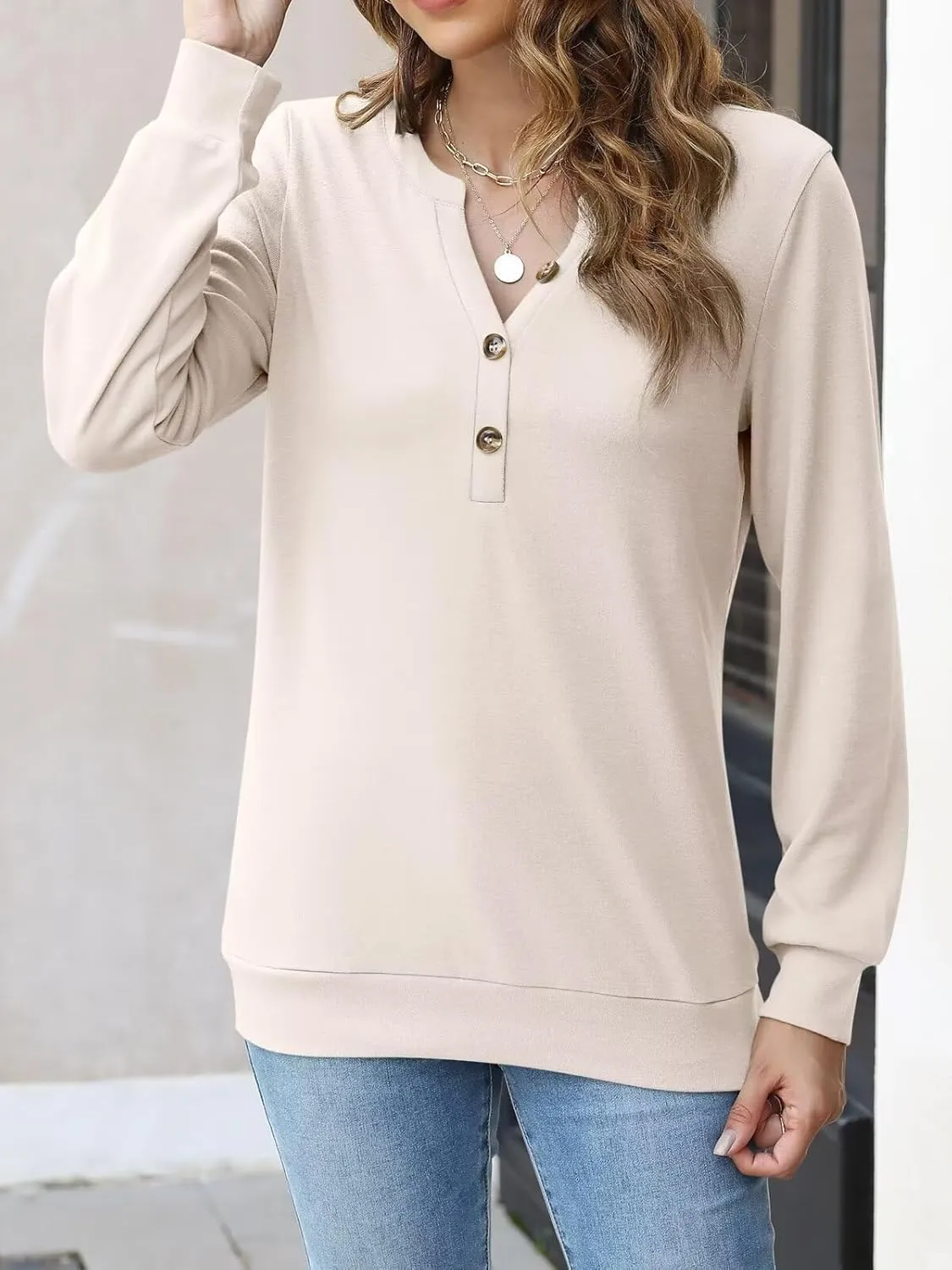 EADINVE Womens V Neck Long Sleeve Sweatshirts Half Button Lightweight Pullover Fashion Fall Clothes