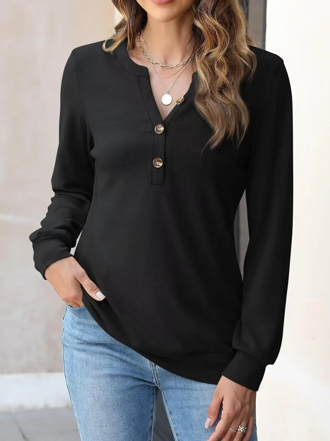 EADINVE Womens V Neck Long Sleeve Sweatshirts Half Button Lightweight Pullover Fashion Fall Clothes