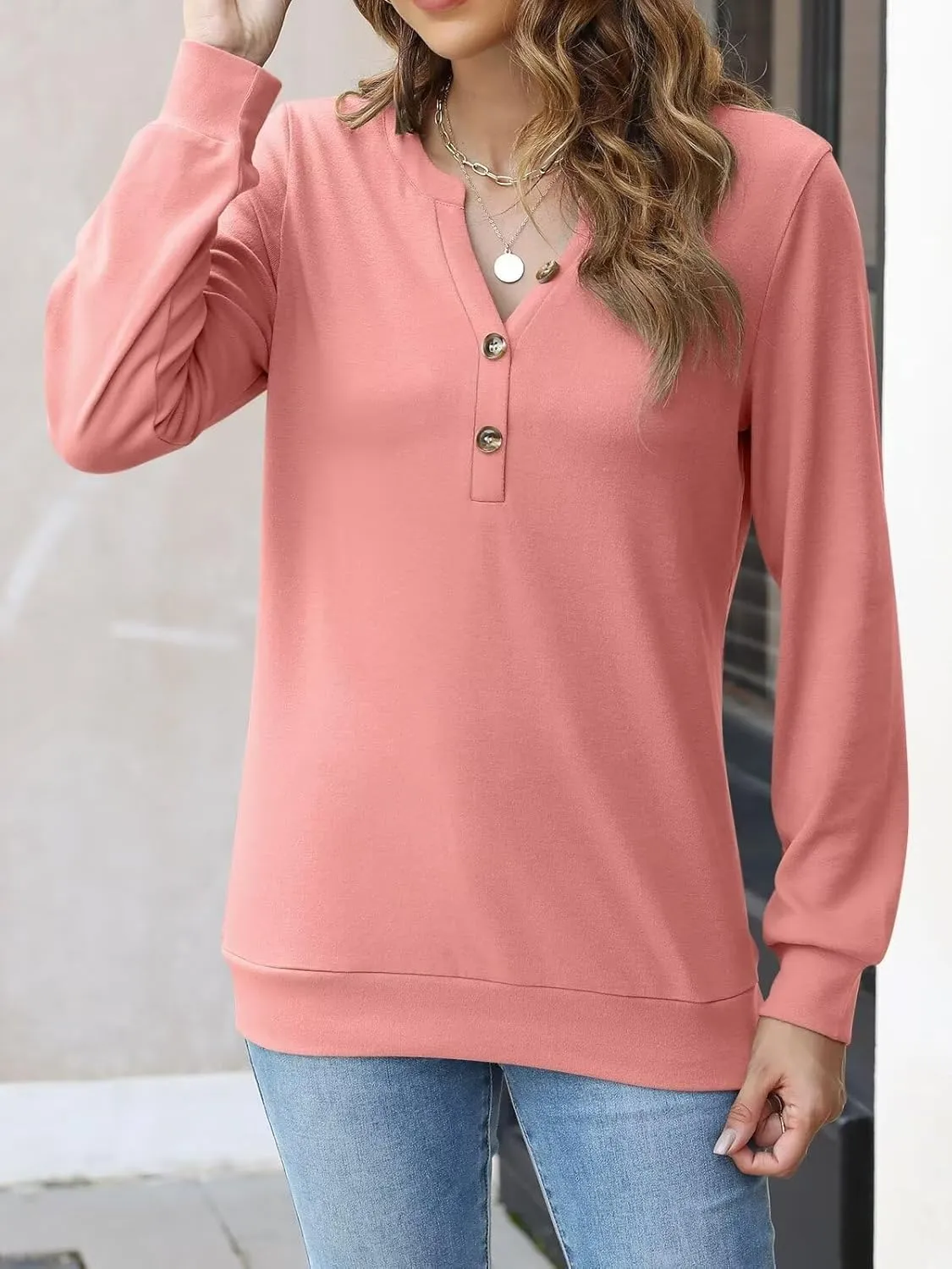 EADINVE Womens V Neck Long Sleeve Sweatshirts Half Button Lightweight Pullover Fashion Fall Clothes