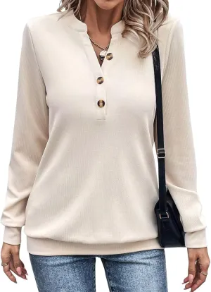 EADINVE Womens V Neck Long Sleeve Sweatshirts Half Button Lightweight Pullover Fashion Fall Clothes