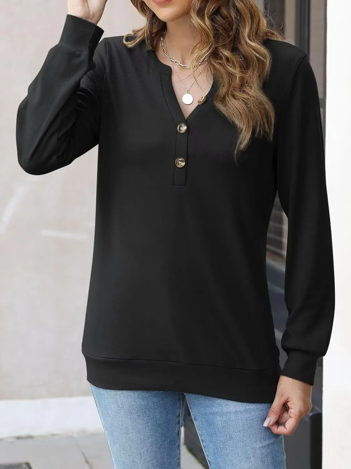 EADINVE Womens V Neck Long Sleeve Sweatshirts Half Button Lightweight Pullover Fashion Fall Clothes